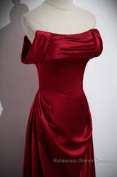 Wine Red Satin Off Shoulder Long Party Dress, A-Line Satin Semi Formal Prom Dress